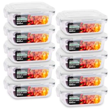 Imagem de Kit 10 Potes de Vidro Retangular com Tampa Hermética 640ml (Transparente)