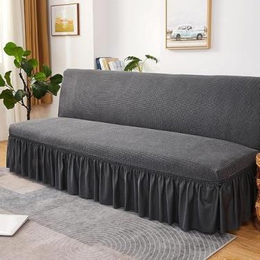 Imagem de Capa de futon sem braços com saia de babados, capa de sofá-cama futon altamente elástica, capa de sofá antiderrapante sem braços, tecido de veludo grosso, macio e aconchegante(Gray,Large (190-210cm))