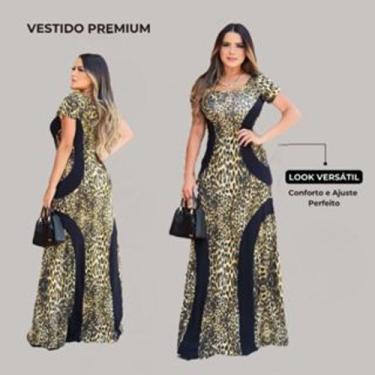 Imagem de Vestido feminino longo manga Curta Estampa Onça gola canoa franjas lat