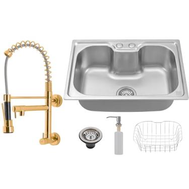 Imagem de HOLTTER, Kit Cuba em Aço Inox Elegante com Torneira Gourmet Parede para Cozinha com Acessórios Cesto Escorredor e Dosador Detergente Sifão Antirruído