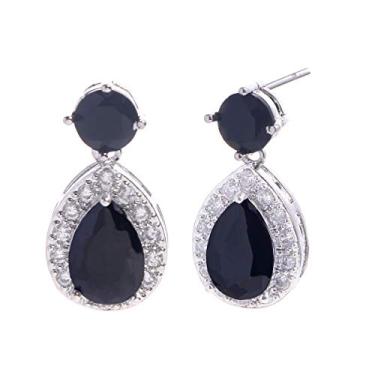 Imagem de Brincos CZ Teardrop Dangle femininos pequenos de prata esterlina halo redondo lágrima cristal zircônia cúbica pedra do mês casamento queda brincos para madrinha de casamento mãe da noiva presente Preto