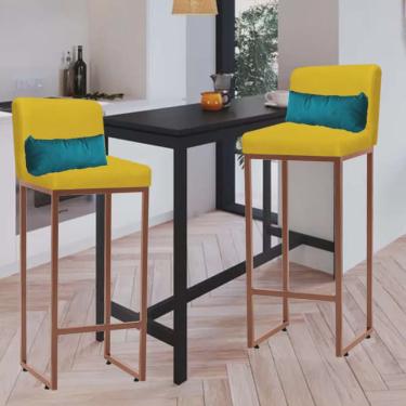 Imagem de Kit 02 Banqueta Alta com Encosto Lucca Industrial Cozinha Balcão Ferro Bronze Suede Amarelo e Almofada Azul Turquesa - Ahz Móveis