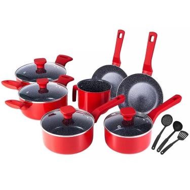 Imagem de Jogo De Panelas Cerâmica Indução Alumínio Antiaderente Conjunto 10 Peças Mimo Style Pratic Cook Red Com Panela Caçarola Frigideira E Conchas