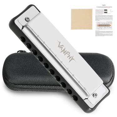 Imagem de VANPHY Gaita Harmonica Blues para adultos e iniciantes, chave de gaita C, furo redondo, 10 furos, 20 tons, armonica diatônica padrão, vem com estojo Hermonica (prata)