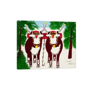 Imagem de Maud Lewis Poster-Famous Canvas Prints Reprodution-Artwork Picture Wall Art para decoração moderna de sala de estar (dois bois no inverno) tela embrulhada 50x60cm-19x23in