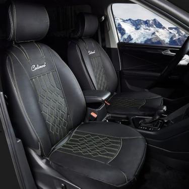 Imagem de COLINOO Capa de assento de carro de couro impermeável protetor de assento de veículo ajuste universal preto linha verde 2 peças