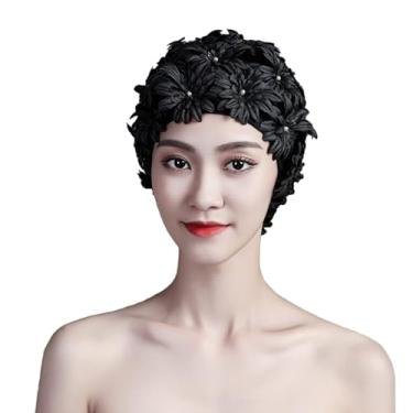 Imagem de Touca de natação feminina com pétalas florais retrô flor pérola touca de banho meninas cabelo longo curto elástico praia natação turbante chapéu (preto)