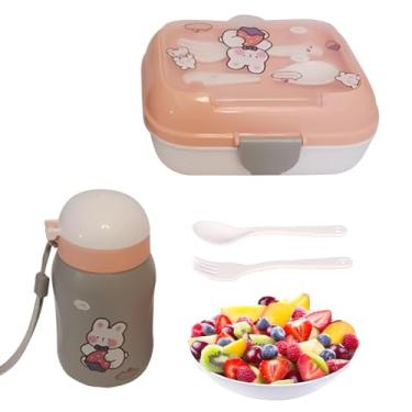 Imagem de Lancheira para crianças, lancheira infantil | Lunhana escolar infantil | Contêiner dividido reutilizável portátil com garfo e design de desenhos animados para o trabalho de trabalho escolar para pique