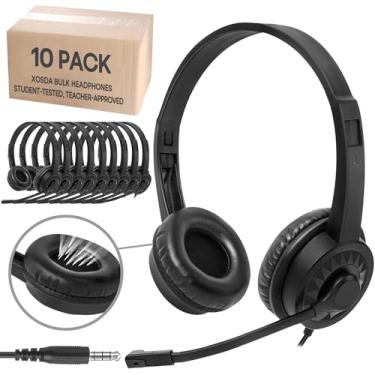 Imagem de XOSDA Pacote com 10 fones de ouvido a granel com microfone para sala de aula, escritório, cancelamento de ruído, fones de ouvido com fio para computador com microfone giratório para reuniões