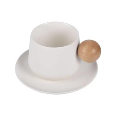 Imagem de WAIT FLY Caneca de café de cerâmica e cabo de madeira com pires - 227 g, branca - pacote com 2