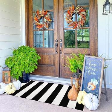 Imagem de KOZYFLY Tapete de corredor listrado preto e branco 6 x 12 m lavável, algodão, tecido à mão, para ambientes internos e externos, para porta da frente, cozinha