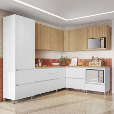 Imagem de Cozinha 9 Peças Canto 12 Portas 8 Gavetas Ripado Rainha 100% Mdf Branco/nature