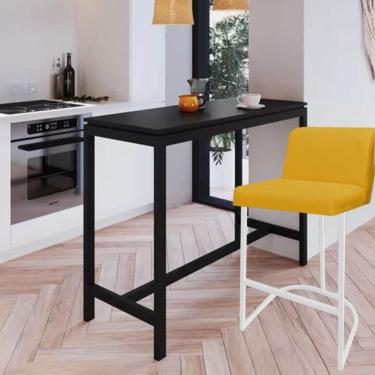 Imagem de Banqueta Com Encosto Noah Luxo Confort Bistrô Cozinha Ferro Branco Sintético Amarelo - Amey Decor