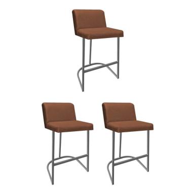 Imagem de Kit 03 Banquetas Com Encosto Confort Bistrô Cozinha Ferro Cinza Suede Terracota - Amey Decor
