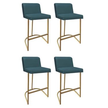 Imagem de Kit 04 Banquetas Com Encosto Confort Bistrô Cozinha Ferro Dourado Suede Azul Turquesa Amey Decor