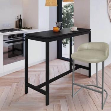 Imagem de Kit 09 Banqueta Com Encosto Alta Cozinha Bar Balcão Ferro Prata Linho Bege Escuro - Amey Decor