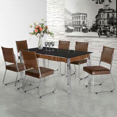 Imagem de Mesa De Jantar Claudia Com Tampo Kanon 6 Cadeiras Aço Nobre Chocolate/marrom/nogal