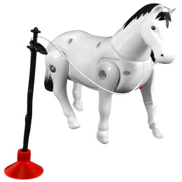 Imagem de Cavalo Robô de Brinquedo com Corda, Branco e Preto, Movimento Giratório, com Base Vermelha