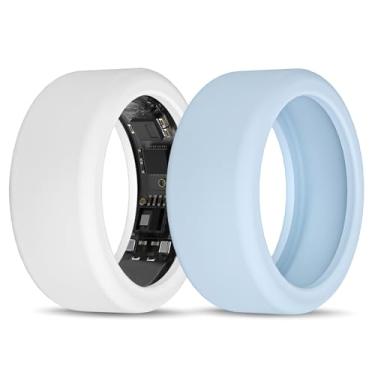 Imagem de Compatível com UltraHuman Ring AIR Cover - Protetor de anel de silicone elástico para malhar (M, branco + azul claro)