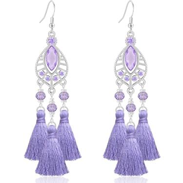 Imagem de Ricarmo Brincos femininos estilo nacional boêmio, strass, vazados, leves, pendentes, tecido de cristal, franja, gancho, para mulheres, 2.44inch, Metal, Sem pedra preciosa