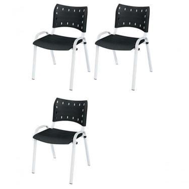 Imagem de Cadeira Iso Base Branco Escola, Escritório Preto - Kit 3 Un