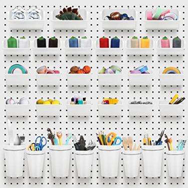 Imagem de Roowest Conjunto de 60 peças de caixas de pegboard de copos Pegboard, organizador de parede com ganchos e laços, ganchos de pregas, acessório organizador sortido para armazenamento de escritório, garagem, oficina de artesanato (branco)