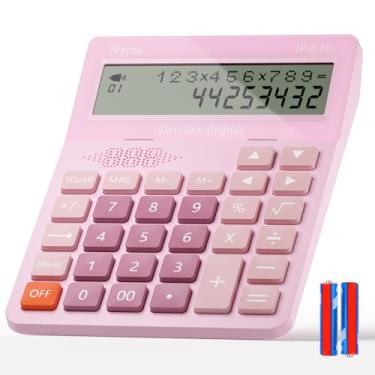 Imagem de Calculadoras de mesa, calculadora falante Ipepul com visor LCD grande de 2 linhas de 12 dígitos e botão grande, calculadora de 4 funções para negócios, escritório, loja, escola (rosa)