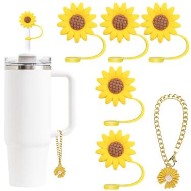 Imagem de SCRMROIA Conjunto de tampas de palha de flores e berloques de alça de garrafa, capas de silicone macio, adequado para canudos de 10 mm, chaveiro dourado, compatível com Stanley Cup 30 e 1,134 g