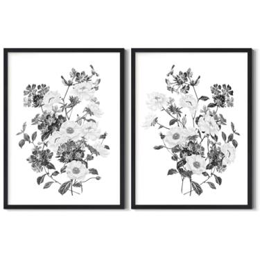 Imagem de Conjunto de arte de parede floral botânica preto e branco com 2 impressões de imagens de flores em aquarela minimalista, decoração de parede para sala de estar, quarto, banheiro, escritório, decoração