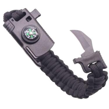Imagem de Pulseira militar Paracord De Sobrevivência, bussola, pederneira, faca, apito (PRETA)