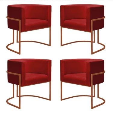Imagem de Kit 4 Poltronas Reforçadas Decorativa Sala Nayara Base Ferro Bronze Suede Vermelho