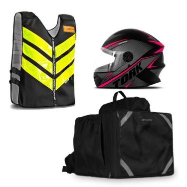 Imagem de Kit Motoboy Mochila Bolsa Térmica + Capacete R8 + Colete Refletivo - P
