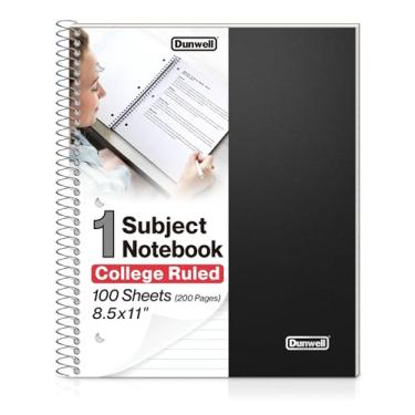Imagem de Dunwell Caderno espiral de 1 assunto 21,5 x 28,5 cm – Caderno pautado universitário com capa de plástico preto, 100 folhas, caderno de um assunto com papel perfurado, bolsos internos, caderno espiral