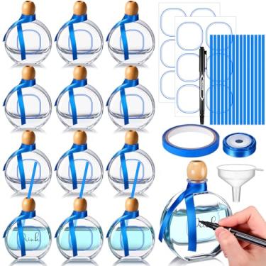 Imagem de Baderke 12 garrafas de tequila Don Julio de 100 ml com cortiça e palha, mini garrafas vazias planas de patrono reutilizáveis, copo de shot com fita de seda azul para decoração de festa de casamento