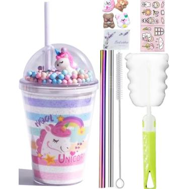 Imagem de viva story Copo de viagem sereia com canudo brilhante copo de bebida de gelo com lantejoulas leite caneca de café copo de plástico para piquenique festa presente de aniversário (unicórnio arco-íris