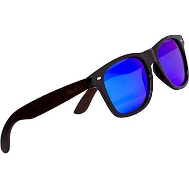 Imagem de Woodies Óculos de sol de madeira ébano com lentes polarizadas de espelho azul
