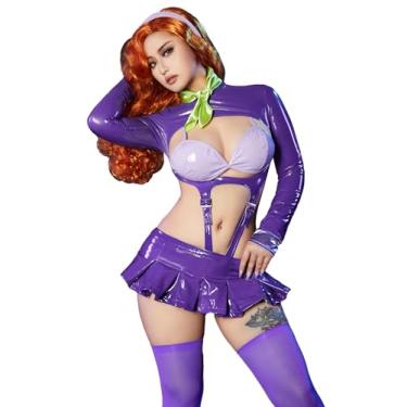 Imagem de Mobbunny Fantasia feminina de personagens do filme de Halloween Roxa Cosplay Lingerie Roupas Body oco com saia e cachecol (roxo, 1XL2XL)
