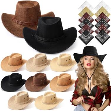 Imagem de Coume Conjunto de 10 chapéus de caubói e bandana para mulheres e homens, 10 chapéus de caubói de feltro, 10 bandanas ocidentais para festa à fantasia de adultos (série marrom, estilo linho)