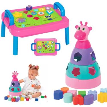 Imagem de Mesa Atividades Didática Bebê Infantil Com Girafa Empilhável Educativo Aprendizado Interativo Formas Números Cores Menino Azul Menina Rosa 1 2 ano 6 meses Presente Coordenação Motora (Rosa)