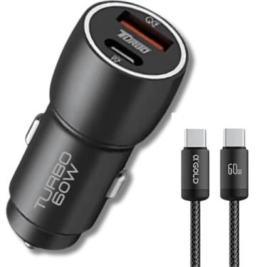 Imagem de Carregador Veicular Turbo 60W Para Automóvel Carregador de Carro Duas Entradas com Carregamento Super Rápido Cabo USB-C Nylon 60w Premium Compatível Com IOS E ANDROID Compatibilidade Universal
