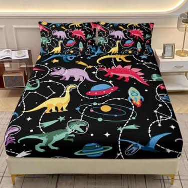 Imagem de AILONEN Jogo de lençol solteiro de dinossauro do espaço, tamanho GG, dinossauro, colorido, foguete, galáxia, foguete, lençol com elástico com 2 fronhas, 3 peças, preto macio