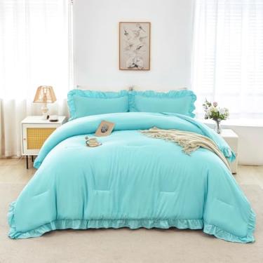 Imagem de ANGIYUIN Conjunto de edredom solteiro azul aqua para adolescentes e meninas, 5 peças, lençol com lençol com lençol de cama elegante sólido para todas as estações (solteiro azul-aqua)