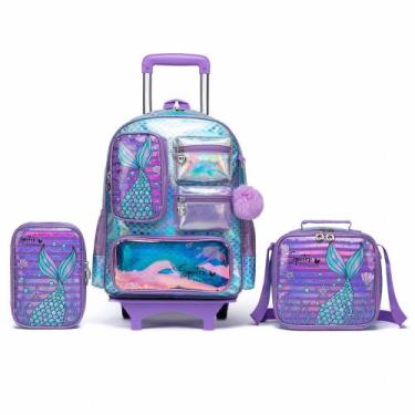 Imagem de Kit Infantil Mochila Rodinhas estojo Lancheira Feminino Espaçosa Resis