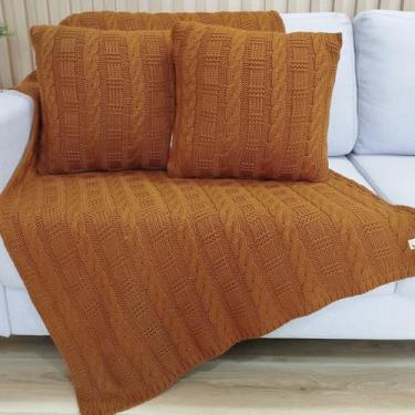 Imagem de Kit Manta Tricot Luxo 150x90cm + 2 Almofadas com Enchimento | Zíper Invisível | Fibra Siliconada | Sofá Sala | Xale Decorativo Elegante d05 (Ferrugem/Cognac)