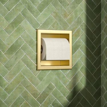 Imagem de Bernkot Suporte de papel higiênico, suporte de papel higiênico de parede para renovação de banheiro, suporte de papel higiênico embutido em aço inoxidável 304 (ouro)
