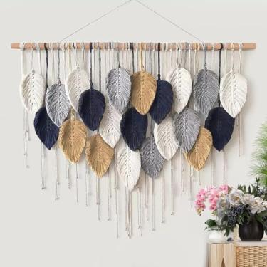Imagem de LXSMPWY - Tapeçaria de tecido à mão para decoração de parede, franjas de folhas boémias com pau de madeira, macramé de algodão e linho, para pendurar sala de estar, quarto, escritório, cinzento
