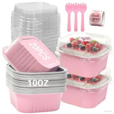 Imagem de ylnurac Pacote com 20 mini formas de bolo rosa de 283 g com tampas, copos quadrados de folha de alumínio para brownie, forma descartável de cupcake grande de 10 x 10 cm, suportes de ramequins de