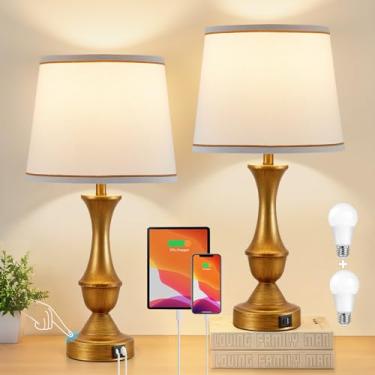 Imagem de Luvkczc Conjunto de 2 lâmpadas de mesa douradas, de 55,88 cm, com portas USB C + A, lâmpadas de mesa reguláveis de 3 vias com abajur branco, luminárias de mesa para quarto, sala de estar, quarto