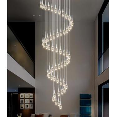 Imagem de Lustre moderno grande de 56 luzes de 6 metros de LED, luminárias de teto alto, para hall de entrada, luzes reguláveis com controle remoto para sala de estar, pingente de teto, iluminação prata