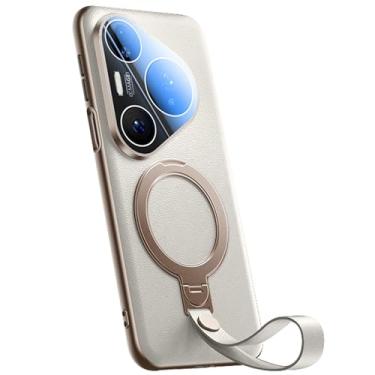 Imagem de LTLMYDAM Capa de revestimento para Huawei Pura 80 Ultra/80 Pro/80 Pro+/80, capa de telefone de couro de grão de lichia magnética de luxo anel giratório com capa de alça de dedo, branca, 80